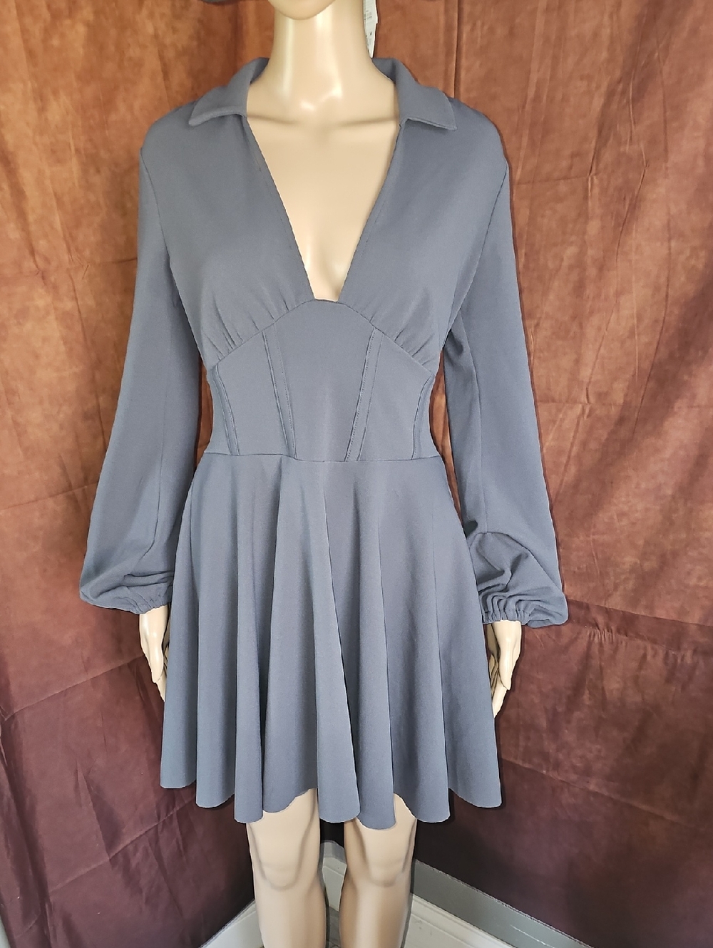 Asos V Fit-and-Flare Long Sleeve Dress in Slate Blue